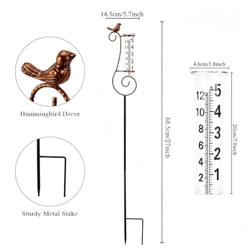 Hummingbird Rain Gauge Outdoor, 7 Inch Tube Metal Rain Gauge - color: Copper Hummingbird