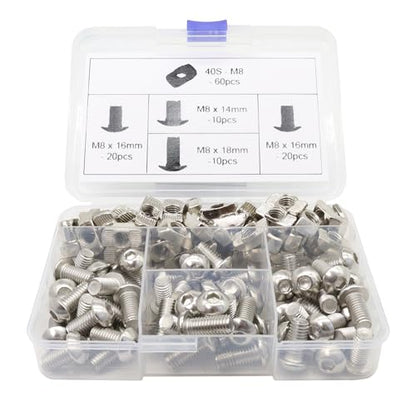 120Pcs 4040 Aluminum Extrusion Hardware Kit - M8 T Slot Nuts & Bolts 10Pcs M8x14, 40 M8x16, 10 M8x18, 60Pcs 40 Series M8 Drop-in T Nuts, Compatible with 4040 4080 Extrusion Accessories - style: 40 Series Type Silver
