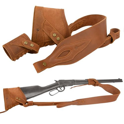 WAYNE'S DOG No Drill Leather Rifle Sling with Slip-on Recoil Pad and Barrel Mount fit for Lever Action Rifles, Shotguns - color: Brown, size: Full Leather