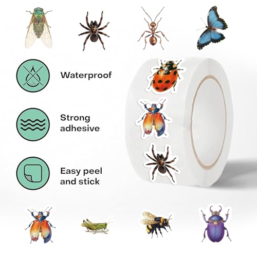 500PCS Bug Stickers 10 Styles Sticker Rolls Cartoon Insect Stickers Bug Party Favors Waterproof Vinyl Stickers(500 Per Roll)