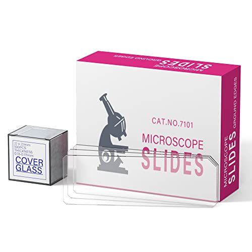 Rounded Edge Microscope Slides Kit, 50 Pcs Pre-Cleaned Blank Microscope Slides and 100 Pcs 22x22mm Square Coverslips Cover Glass for Monocular Binocular Trinocular Microscopes
