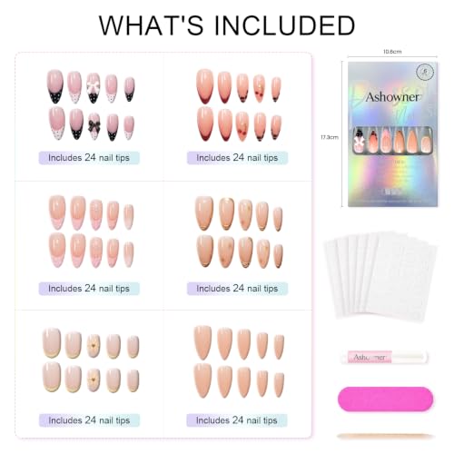 Press on Nails, 6 Packs (144 Pcs) Short Almond French Sets, 3D Floral - color: 3D Floral