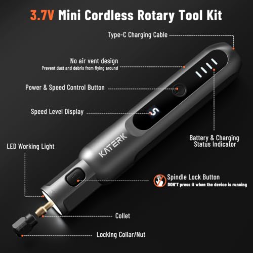 Katerk 3.7V Mini Cordless Rotary Tool, 5-Speed 70 Pcs Kit for Crafts DIY