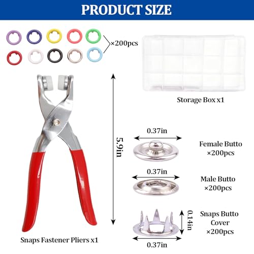 200 Sets Snap Button Kit with 10 Colors,Metal Snaps Buttons with Metal Pliers and Fastener Parts,Multicolor Press Tool Kit Perfect for DIY Clothing and Crafts(9.5mm) - style: 200 Sets