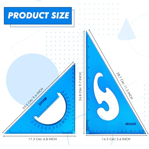 EBOOT 2 Pcs Large Transparent Triangle Ruler 30/60 and 45/90 Degrees, Blue - color: Blue