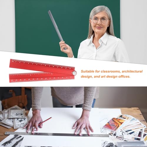 HARFINGTON Folding and Straight Ruler Kit 30/15cm Metric Aluminum Alloy Plastic Protractor Foldable Angle Ruler for Home Classroom Office, Red - color: Red