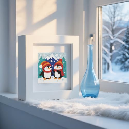 DOODLREAM Christmas Penguins DIY Punch Needle Embroidery Kit for Adult Beginner, 9.4" Snow Mountain Animal Punch Stitching Craft Set for Starter with Frame,Fabric Pattern,Threader, Yarn, Pinch Needle - color: Penguins