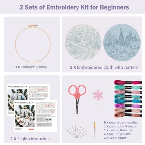 Offizon Christmas Embroidery Kit for Beginners, 2 PCS Starter Cross Stitches, Winter Night Santa Handicrafts, Merry Chistmas - color: Christmas Snow