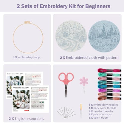 Offizon Christmas Embroidery Kit for Beginners, 2 PCS Starter Cross Stitches, Winter Night Santa Handicrafts, Merry Chistmas - color: Christmas Snow