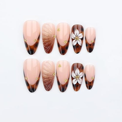 Almond Press on Nails Medium Brown Fake Nail3D Flowers Designs Acrylic Nail Press ons Stick on Nails for Women 24pcs - color: Brown
