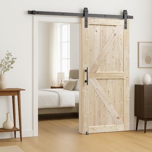 S&Z TOPHAND® 48in x 96in Unfinished British Brace Knotty Barn Door with Sliding Door Hardware Kit/Solid Wood/Sliding/Double Surfaces/A Simple Assembly is Required - size: 48x96in