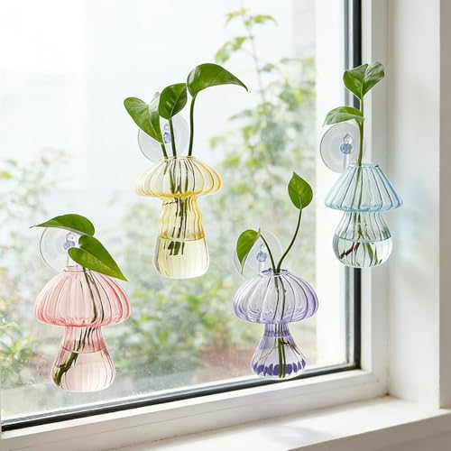 Bunmery Window Propagation Stations, 4 pcs Colored Mushroom Plant Propagation Station with Suction Cups, Easy to Install Window Hanging Planer, Indoor No Nails Glass Vase Terrarium for Plants&Flowers - color: Colorful Mushroom, size: 4 PCS
