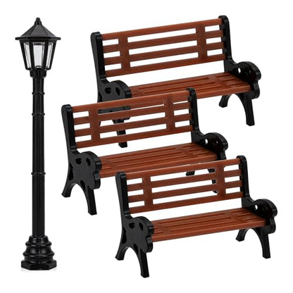 1:24 Scale Miniature Bench Set of 3 with Street Lamp, Realistic Brown Park Seats for Micro Landscape Decor, Train Platform Scene, Collectible Miniature Furniture & Model Accessories