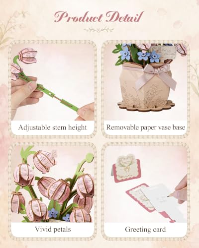 3D Flower Wooden Puzzles for Adults - Pink Lily of the Valley, DIY Wooden Flowers Plants Model Kit Building Set Crafts for Adults to Build, Creative (159 PCS) - style: TF - Pink Lily of the Valley