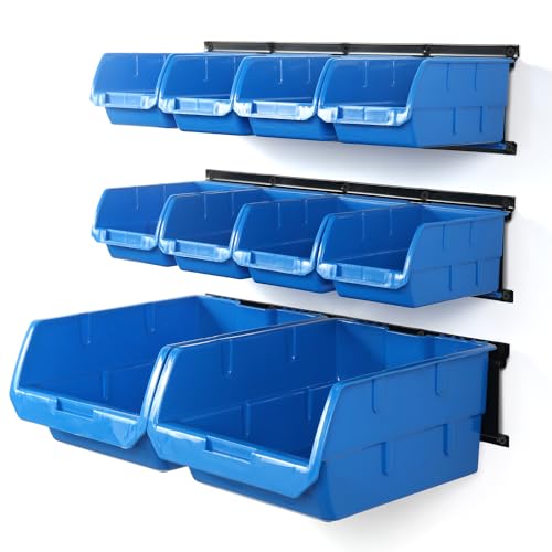 Wallmaster 10-Bin Wall Mounted Plastic Storage Bins Hanging Organizer Bins - color: Blue, size: 10Bins+3Rails