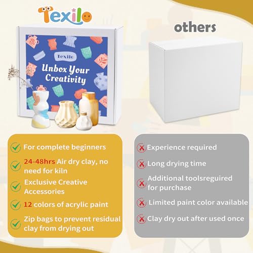 Texilo Air Dry Clay Kit for Adults, Pottery Starter Tools for Beginner, DIY Painting Making Set with Clay,Paints,Sculpting Tools,Varnish, Guide, Christmas Birthdays Gift for Arts Crafts Lover at Home