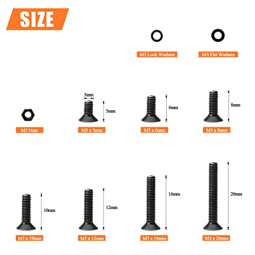 HELIFOUNER 560 Pieces M3 x 5mm /6mm /8mm /10mm /12mm /16mm /20mm, Countersunk Head Socket Cap Screws Bolts Washers Nuts Kit, 10.9 Grade Alloy Steel, Full Threaded, Black - size: M3, style: Countersunk Head
