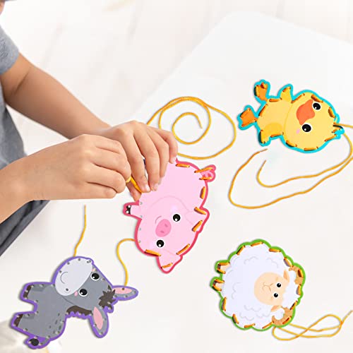 Pajean 10 Pcs Kids Lacing Cards Double Sided Animal Sewing Cards Kits 10 Styles Lacing Toy Crafts for Toddler Ages 6+ Developing Imagination Preschool Learning Activity Supplies(Farm Style) - style: Farm Style