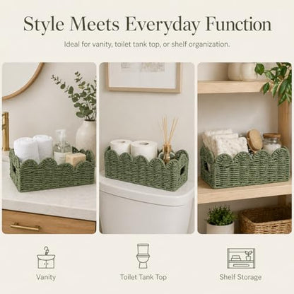 Sage Green Scalloped Basket, Toilet Tank Tray, Back of Toilet - color: Green