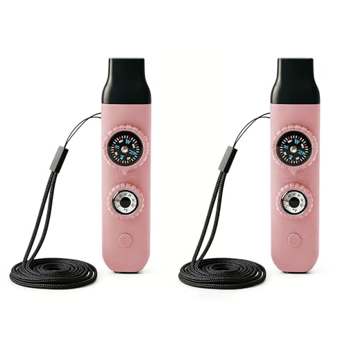 Multifunctional Survival Emergency Whistle for with Compass Hiking Survival, Thermometer & Neck Lanyard | Emergency Safety Gear for Hiking, Camping, Kayaking, Boating, Climbing - color: pink2pcs