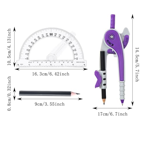 Unjoo Compass and Protractor Set, 6 Inch Protractor with Swing Arm (Purple) - color: Purple