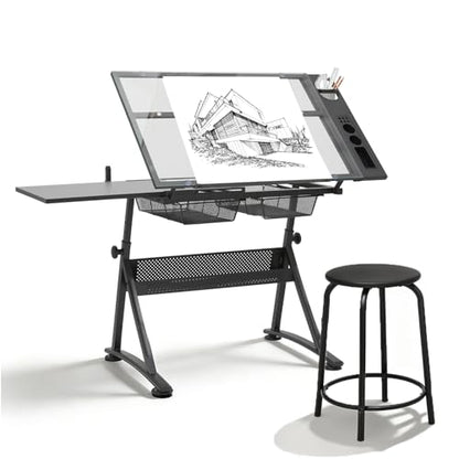 Magshion Drafting Table Adjustable Drawing Table w/Stool - color: Clear & Black