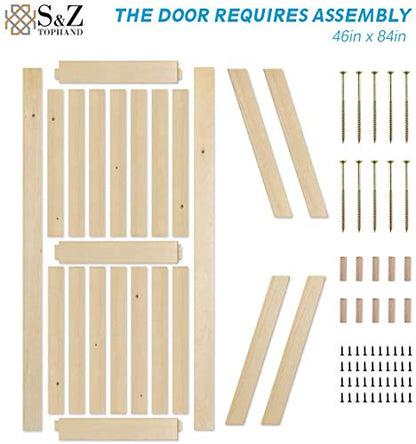 S&Z TOPHAND® 48in x 84in Unfinished British Brace Knotty Barn Door with Sliding Hardware Kit/Solid Wood/Sliding Door/Double Surfaces/A Simple Assembly is Required - size: 48x84in