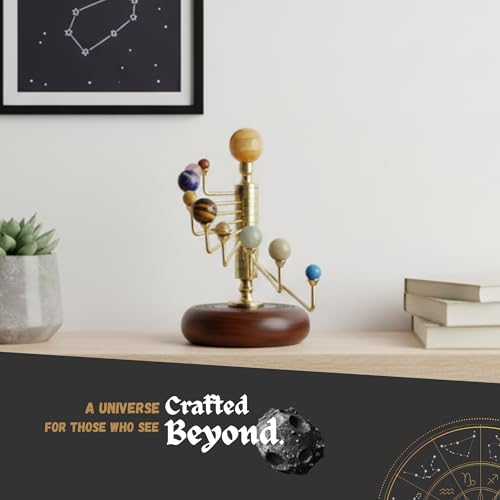 Luxury Handcrafted Solar System Model with Semi-Precious Stones – Sun, Earth & Moon Planet Display on Rosewood Base | Astronomy Art Desk Decor (Rotating Solar System)