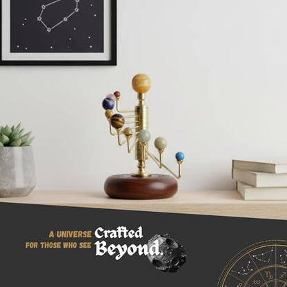 Luxury Handcrafted Solar System Model with Semi-Precious Stones – Sun, Earth & Moon Planet Display on Rosewood Base | Astronomy Art Desk Decor (Rotating Solar System)