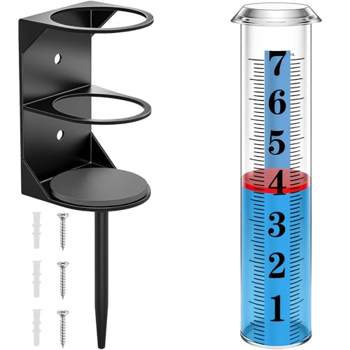 Rain Gauge Outdoor, Accurate Rain Gauges Outdoors Best Rated with Metal Rack Holder, Water Rain Meter with Thickened Plastic Large Font Tube for Yard, Easy to Read with Red Float - color: Metal rain gauge with foot