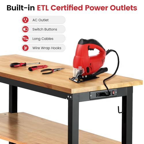 ENJOYWOOD 48" Heavy Duty Workbench, Adjustable Height Garage Work Bench with Solid Rubberwood Top, Storage Shelf & Power Outlets, Work Table for Workshop, Home & Office