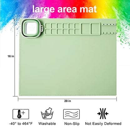 AWOKE Silicone Painting Mat for Table Protection - 20"X16" Washable Art Mat with 1 Water Cup for Kids - Craft Mat has 12 Color Dividers - 2 Paint Palettes (Green), Toddler Activities, Girl Boy Gifts - color: Green
