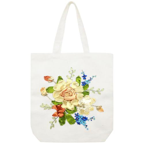 Canvas Tote Bag Silk Ribbon Embroidery Kit for Beginners Arts DIY Crafts Starter Kit Include Stamped Bag Threads Hoop - color: Color #3, Beige Bag