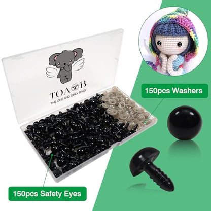 TOAOB 150pcs 12mm Black Plastic Safety Eyes Crafts Safety Eyes with 150pcs Washers for Stuffed Animals Amigurumis Crochet Doll Making - size: 12mm