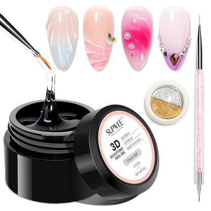 3D Gel Nail Art with No Wipe Chrome Powder Sculpting Painting Gel - color: Water Clear