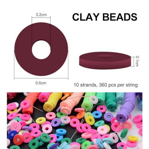 MIIIM 3600 PCS 10 Strands Polymer Clay Beads for Jewelry Making, Vinyl Heishi Beads 6mm for Surfer Bracelets Necklace Making (Maroon) - color: XR01-Maroon