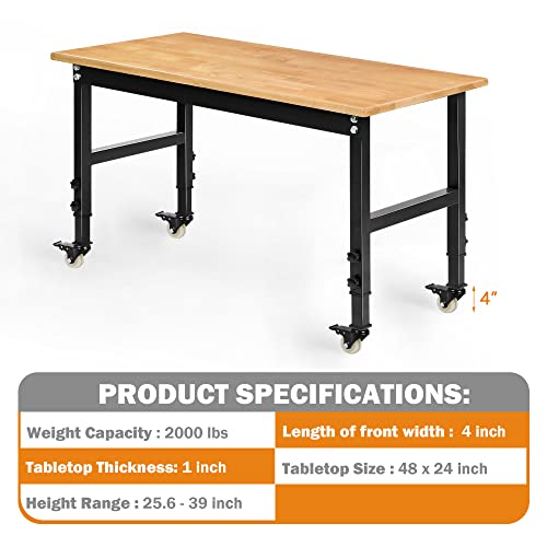 Betterhood 48" Heavy-Duty Adjustable Workbench for Garage, Rubber Wood Shop Table W/Metal Wheels, Hardwood Workstation Weight Capacity Over 2000 Lbs with Wheels - size: Metal Wheels / 48"x23.6"x39"