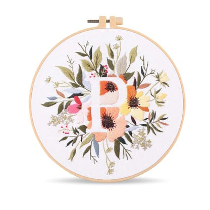 Harimau Letter Pattern P Embroidery Kit for Adult Beginners, Complete Starter Pack with 1 Hoop, Needles, Instruction Guide & Embroidery Stitch Video Tutorials - color: P