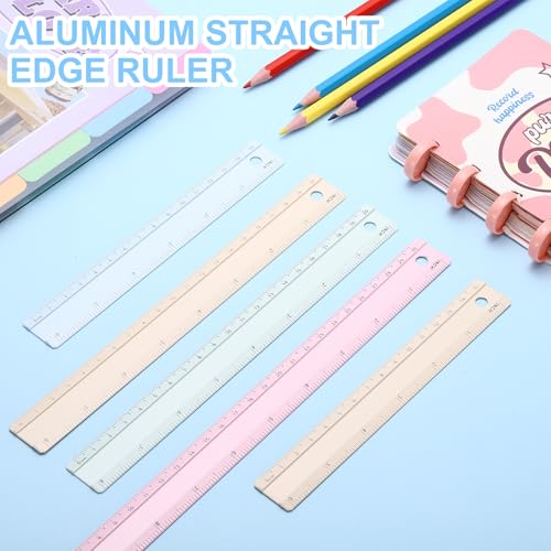 PATIKIL Metal Ruler 8 Inch/20cm, 4 Pcs Aluminum Straight Edge Ruler, Dual Scale Measuring Tool with Inch/Centimeter Scales & Hole for Math Office Drawing Engineering Home, Pink/Blue - color: Pink/Blue