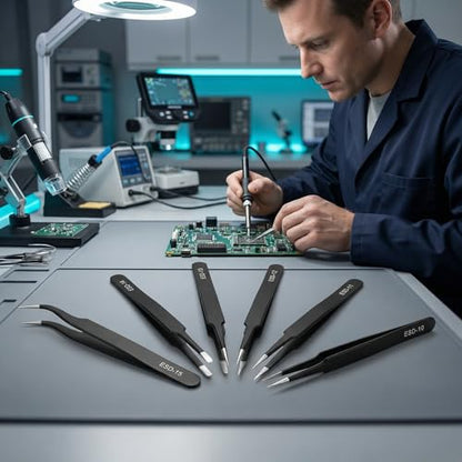 6-Piece ESD Precision Tweezers Set, Stainless Steel Fine Tip for PCB Repair