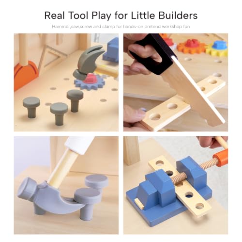 Pillowhale Large Wooden Play Tool Workbench Set with Assembly Toys, Workbench with Storage Space for Kids, Pretend Construction Tools Set Wooden Toy Drill Gift for Boys & Girls Age 3-5