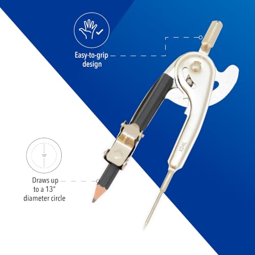 Westcott Nickel-Plated Ball Bearing Compass with Pencil, Professional Style, Back-to-School Supplies, Draws Circles up to 13 Inches in Diameter - size: Ball Bearing