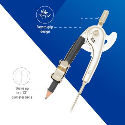 Westcott Nickel-Plated Ball Bearing Compass with Pencil, Professional Style, Back-to-School Supplies, Draws Circles up to 13 Inches in Diameter - size: Ball Bearing