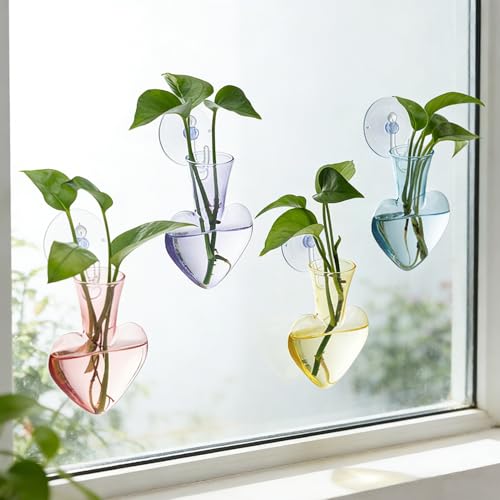 Bunmery Window Propagation Stations, 4 pcs Colored Heart Plant Propagation Station with Suction Cups, Easy to Install Window Hanging Planer, Indoor No Nails Glass Vase Terrarium for Plants&Flowers - color: Colorful Heart, size: 4 PCS
