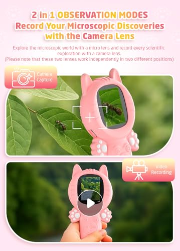 PHNIXGAM Kids Microscope Camera, 500X Handheld 2" IPS Screen, A Pink Cat - color: Pink Cat