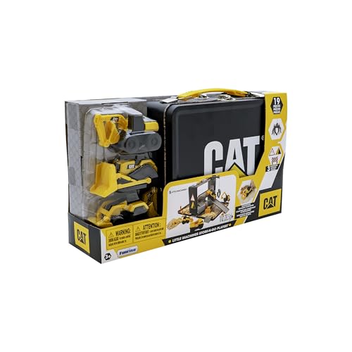 CAT Construction Toys, Store N Go Playset - Tin Travel Case Transforms into Multi-Level Worksite, Includes 2 Little Machines Vehicles & 10 + Accessories, Portable STEM Toy for Kids Ages 3 + - style: Compound Store N Go Playset