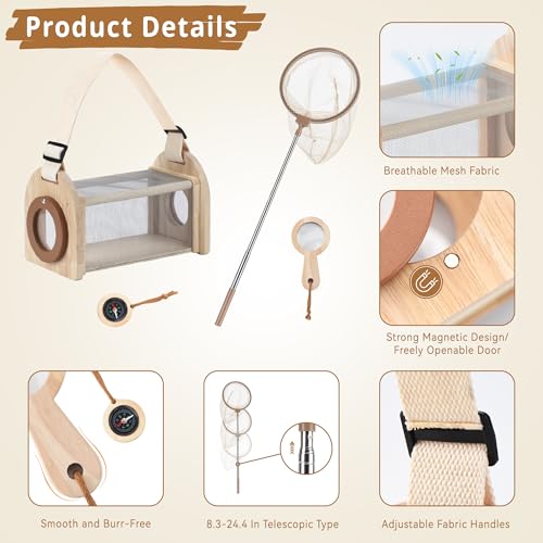 Wooden Bug Catching Kit for Kids - 10 PCS Outdoor Exploration Set with Bug Habitat, Magnifying Glass, Bug Container &Other Adventure Kit —STEM Educational Toy for Boys & Girls Ages 4-8