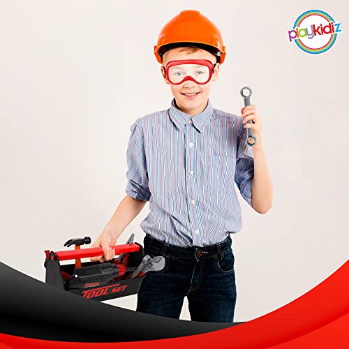 Playkidz Tool Box for Kids 22-Piece Boys & Girls Construction Toy Playset w/ Carry Chest, Working Push Button Power Drill, Hammer, Screwdriver, Wrench, Pliers, Saw & Other Realistic Tools Ages 3+