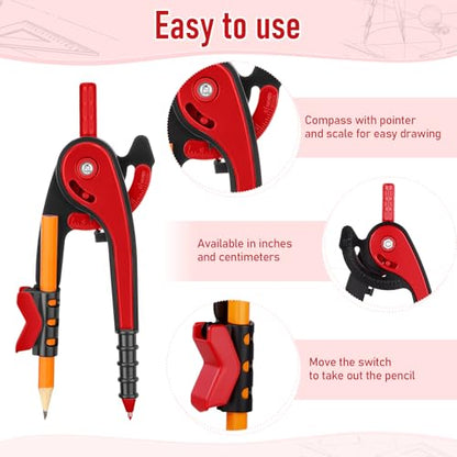 Zonon 2 Pcs Protractor and Compass Set, Swing Arm Protractor, Red - color: Red