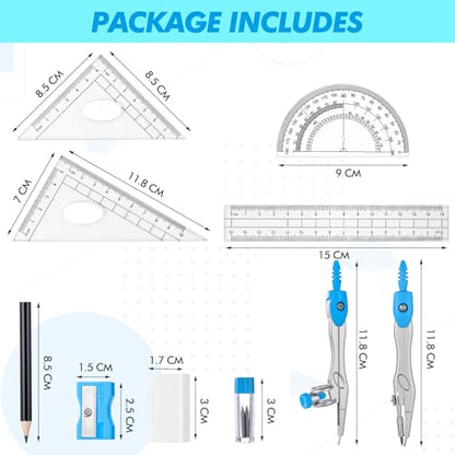 Zonon 10 Pcs Math Geometry Set for Student Compass Protractor, Blue - color: Blue